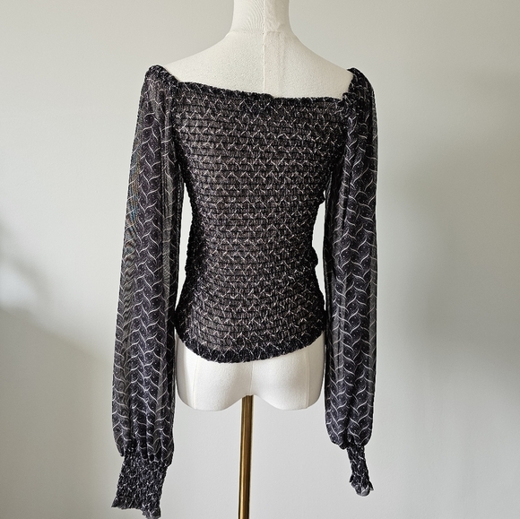 Anthropologie S Roven Balloon Sleeve Chiffron Black Smocked Long Sleeve Top - Picture 2 of 6